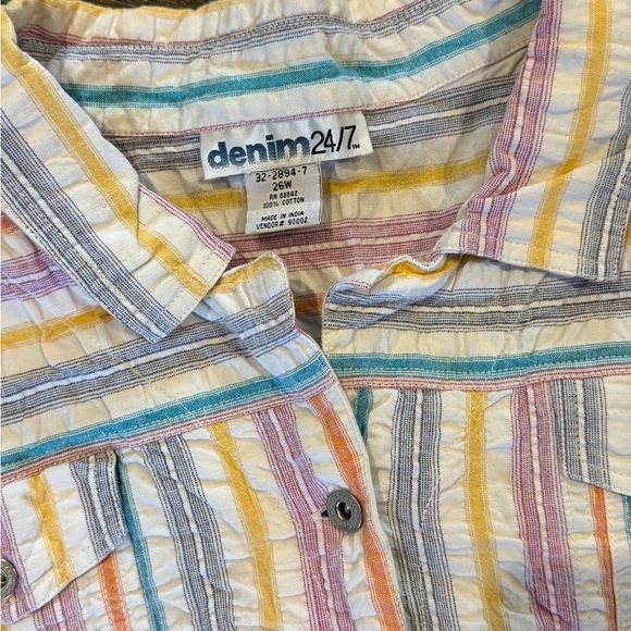 Denim 24/7 Y2K Pastel Stripe Western Button Down Crinkle Cotton Shirt Size 26W - Picture 5 of 9